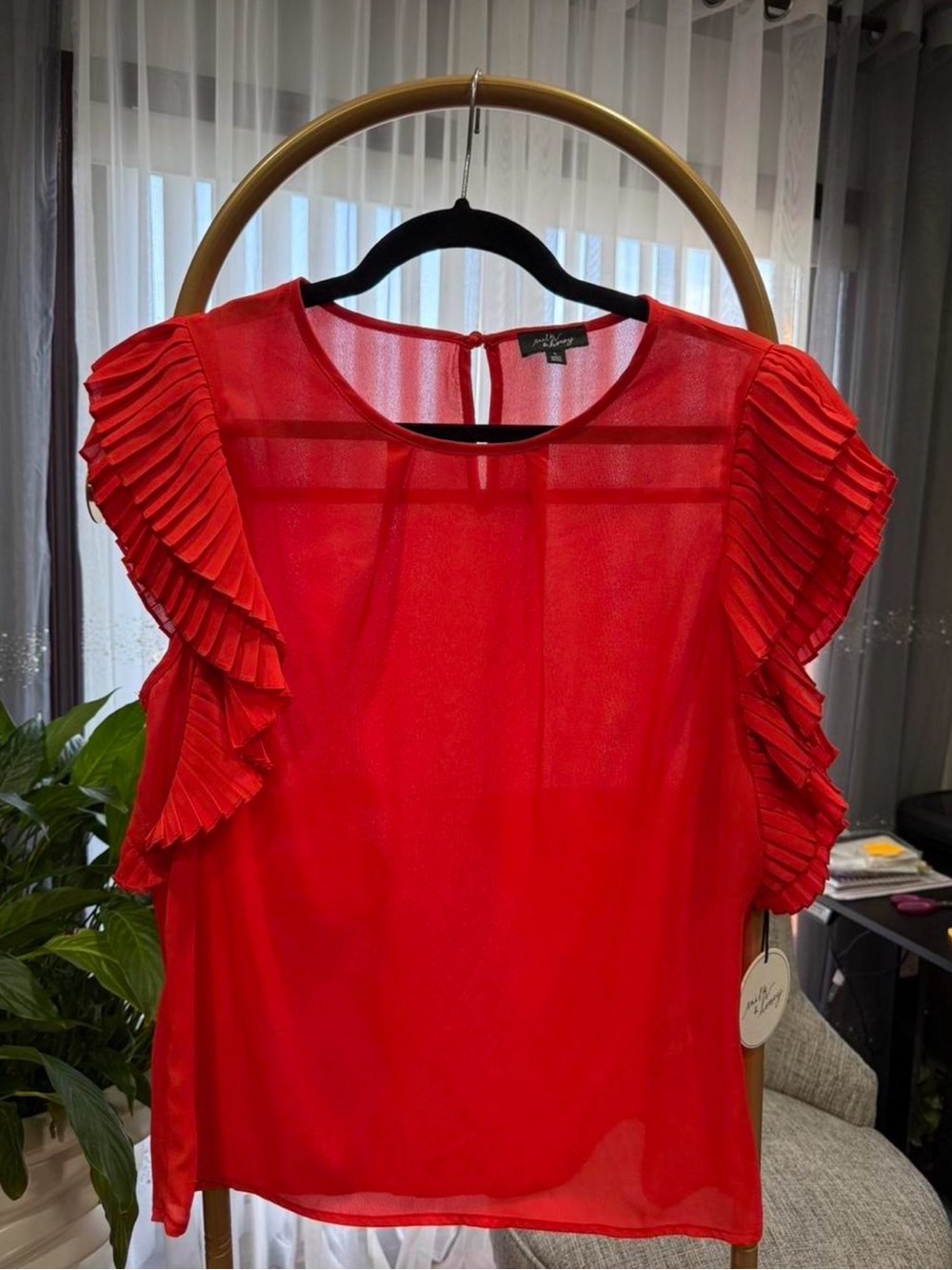 Women’s Red Blouse with Pleated Flutter Sleeves